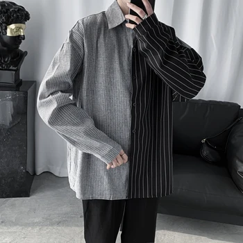 

Spring Fall Long Sleeve T Shirt Stripe Two Color Patchwork Men Loose Streetwear M-2XL Boyfriend Clothing Top Shirt Coat