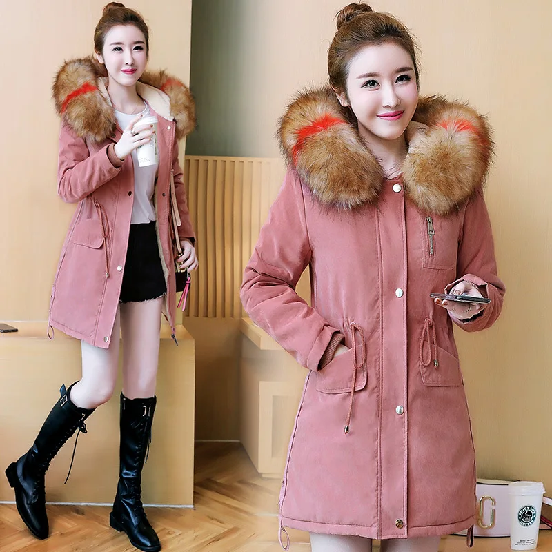 

Drawstring Fashion with Fur Collar Mid-length 2018 Autumn And Winter New Style Pocket Cotton Coat Simple Trend Cool