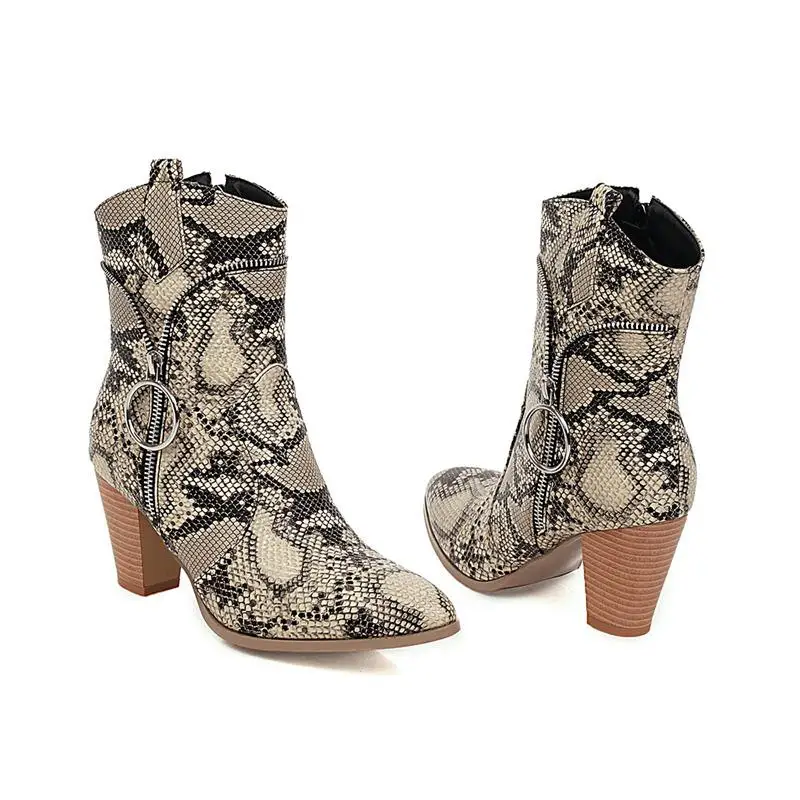 MNIXUAN/женские ковбойские ботинки ручной работы в западном стиле со змеиным принтом женская обувь г. Обувь на блочном каблуке белые ботильоны женские полусапожки размер 45 - Цвет: Beige