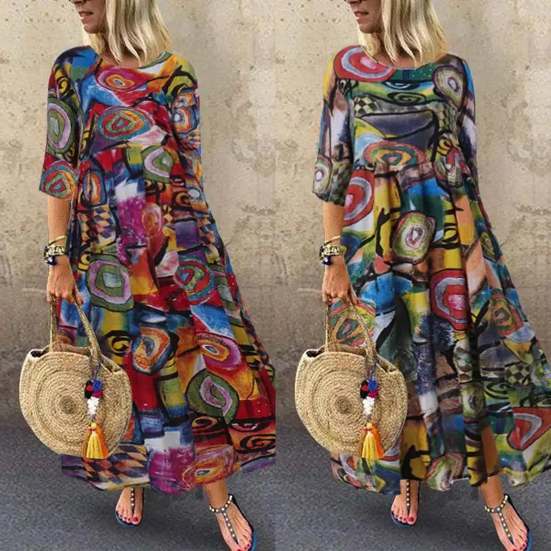 

2019 Autumn Summer Dress Women Vintage Vestidos ZANZEA 2019 Pleated Printed Long Maxi Dresses Tunic Plus Size Femme 3/4 Sleeve