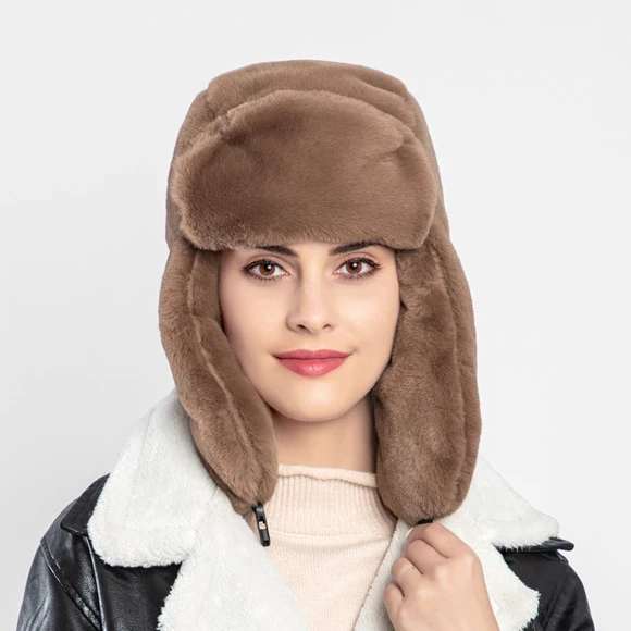 brown Зимний женский зимний мех наушники шапка на улице тёплый - Цвет: brown