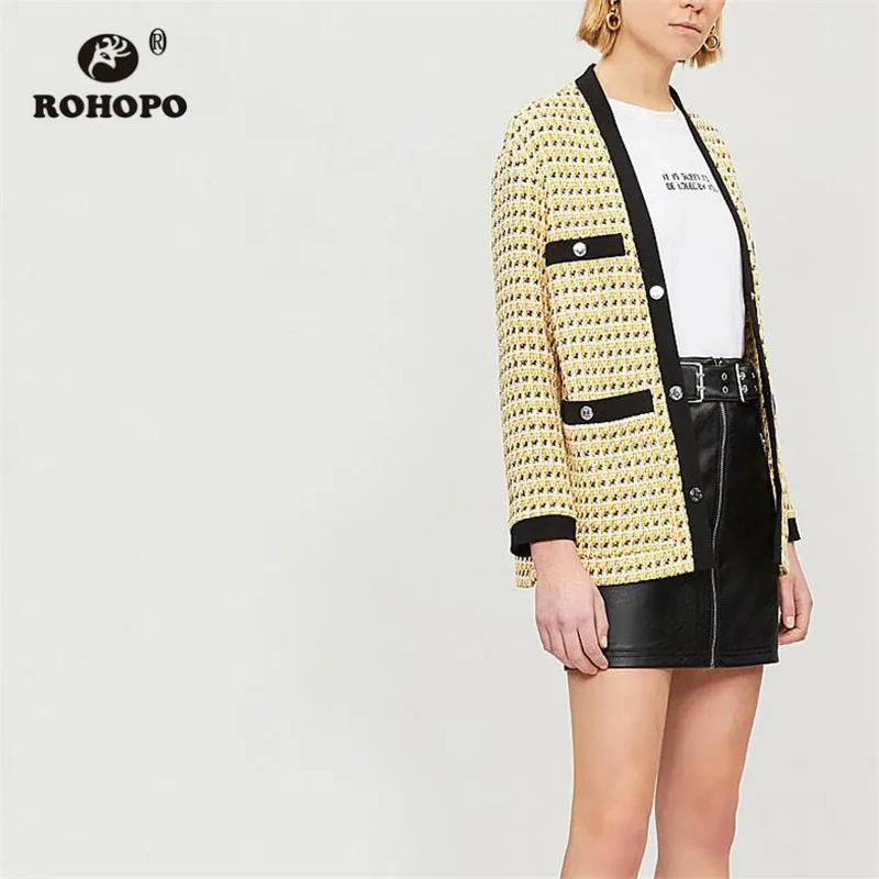 

ROHOPO V Collar Metal Bottons Houndstooth Tweed Yellow Blend Coat Long Sleeve Top and Side Buttons Closure Pocket Out Coat #6457