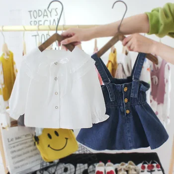 

Korean Baby Kids Girls Sets Spring Autumn New Arrival 2Pcs White Lace Double-layered Collar Shirt Tops +Denim Strip Dress Set