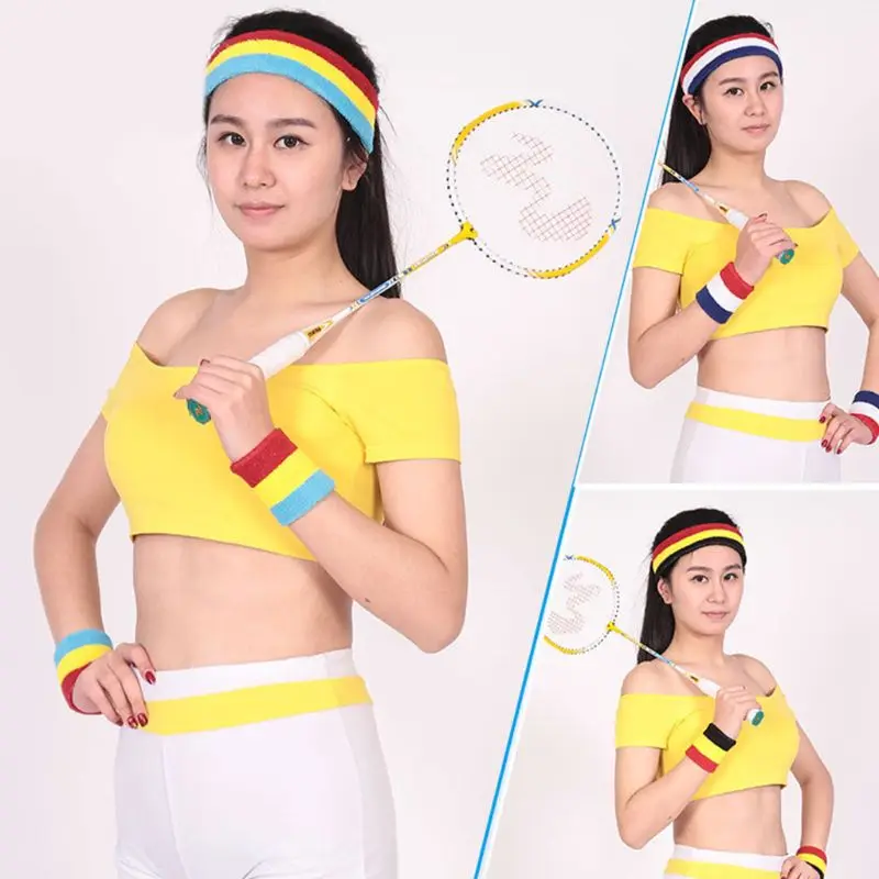 

3Pcs Unisex Sweatbands Set Rainbow Colorful Striped Sport Headband Workout Badminton Wrist Bands Cotton Athletic Bracer Hairband