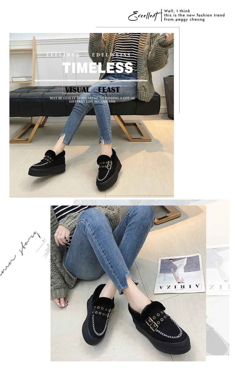 Winter new warm platform women's shoes with fur Rhinestone round head black flat shoes khaki soft brand design shoes q142