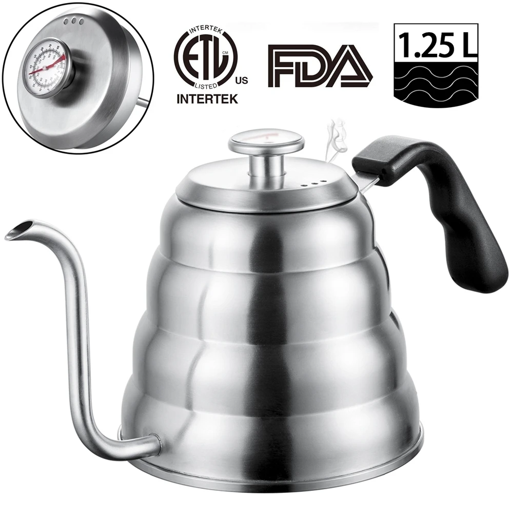 

Stainless Steel Tea Coffee Kettle with Thermometer, Gooseneck Thin Spout for Pour Over Coffee Pot, Works on Stovetop, 40oz/1.25L