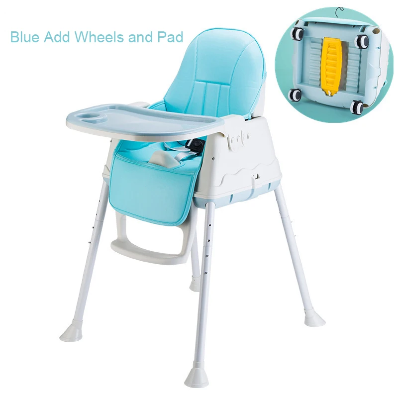 Blue Add Wheels Pad Переносное детское кресло для кормления грудью, детское кресло для кормления, регулируемые складные стулья для детей, обеденный стол, детский стульчик для кормления - Color: Blue Add Wheels Pad