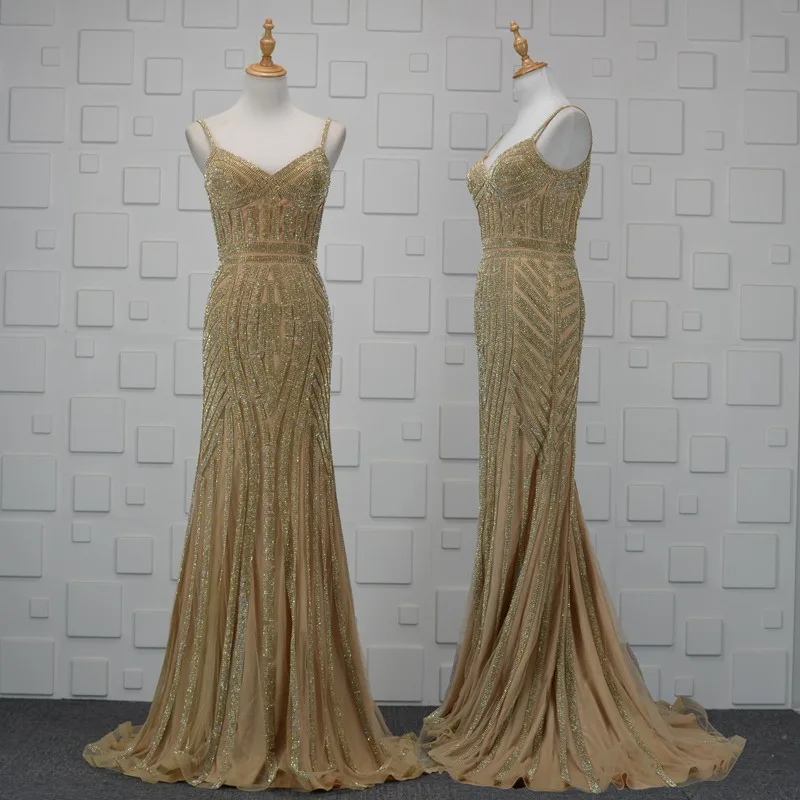 Robe De Soiree блестящие вечерние платья с кристаллами размера плюс длинные вечерние пикантные вечерние платья для выпускного с открытой спиной цвета шампанского ZD1060