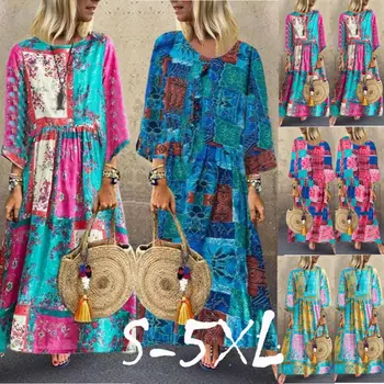 

Long-Kaftan-dress-Hippy-Boho-Maxi-Plus-Size-Women-Caftan-Seven Sleeve O Neck Maxi -Dress