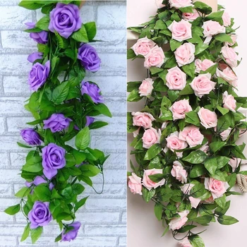 

2.4m Silk Artificial Roses Flowers Rattan String Vine Green Leaves Garland Silk Flower Vine Ivy Wedding Party Home Decor