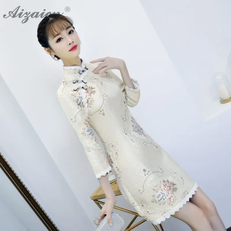 Высококлассное жаккардовое переплетение Cheongsam китайское модное китайское традиционное платье Qi Pao Восточный стиль платья с вышивкой Qipao зима