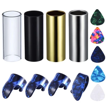 

4 Pcs Medium Guitar Slides(Include 3 Colors Stainless Steel, 1 Pcs Glass), 5 Pcs Guitar Picks And 4 Pcs Plastic Thumb Finger Pic