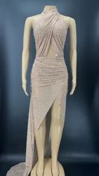 Full Silver Stones Long Train Backless Shiny Black Luxurious Evening Dress Birthday Transparent Performance Evening Sexy Outfit