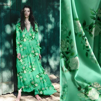 

118CM Wide 19MM 93% Silk & 7% Spandex Floral Print Stretch Green Silk Satin Fabric for Dress Cheongsam Shirt Jacket D1111