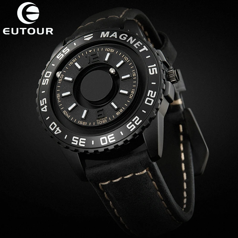 

Eutour Creative Watch Men Unique Black Sliver Dial Magnetic Magnet Beads Turntable Rotation Metal Ball Male Watches Rubber Clock