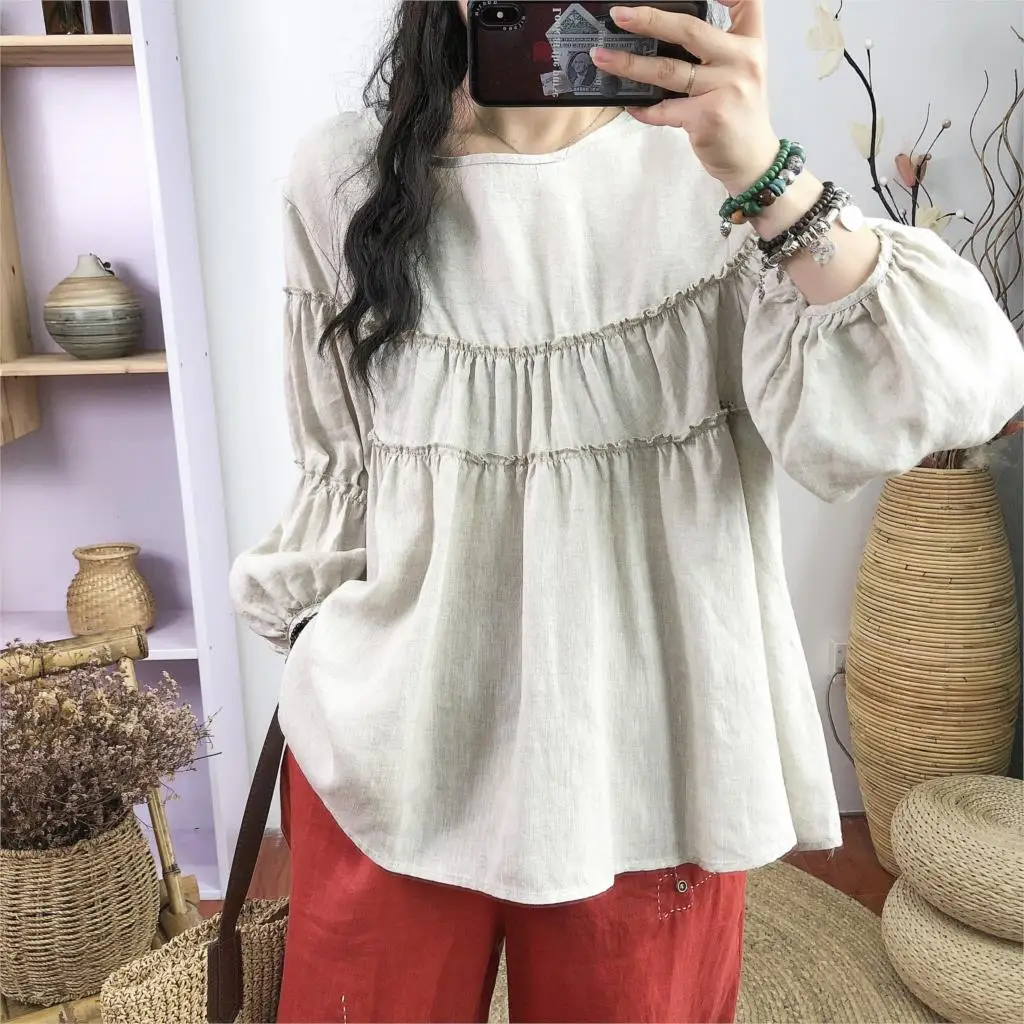 Women Autumn Cotton Linen Wrinkle Blouse Ladies Loose Solid Color Vintage Shirt Tops Female 2020 Blouses | Женская одежда