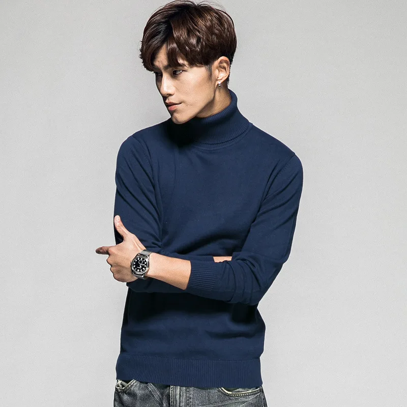 

High Collar Sweater Men's Loose-Fit Korean-style Base Knitted Long Sleeved Sweater Pure Cotton High Collar Sweater Men's