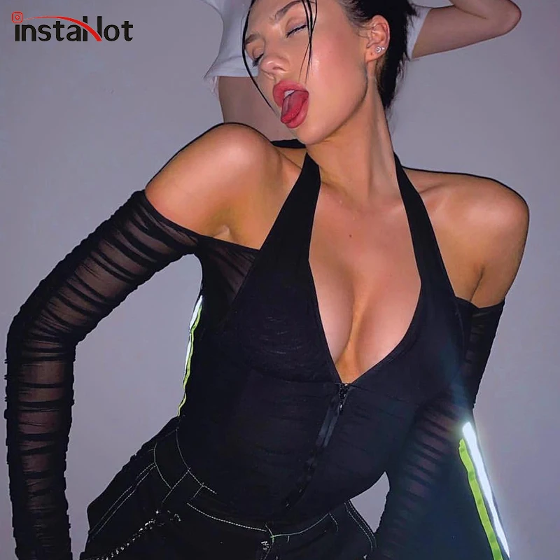 InstaHot/черная оранжевая футболка с лямкой через плечо для женщин с v-образным вырезом, сексуальный сетчатый Тонкий Топ, вечерние женские Клубные футболки с длинными рукавами на осень