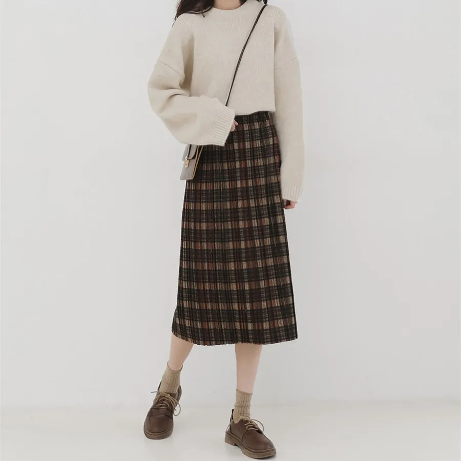 Женская юбка с высокой талией, клетчатая винтажная плиссированная Повседневная Эластичная осенне-зимняя элегантная юбка до середины икры в английском стиле для девочек, A60