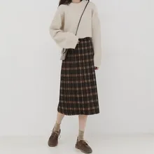 Женская юбка с высокой талией, клетчатая винтажная плиссированная Повседневная Эластичная осенне-зимняя элегантная юбка до середины икры в английском стиле для девочек, A60