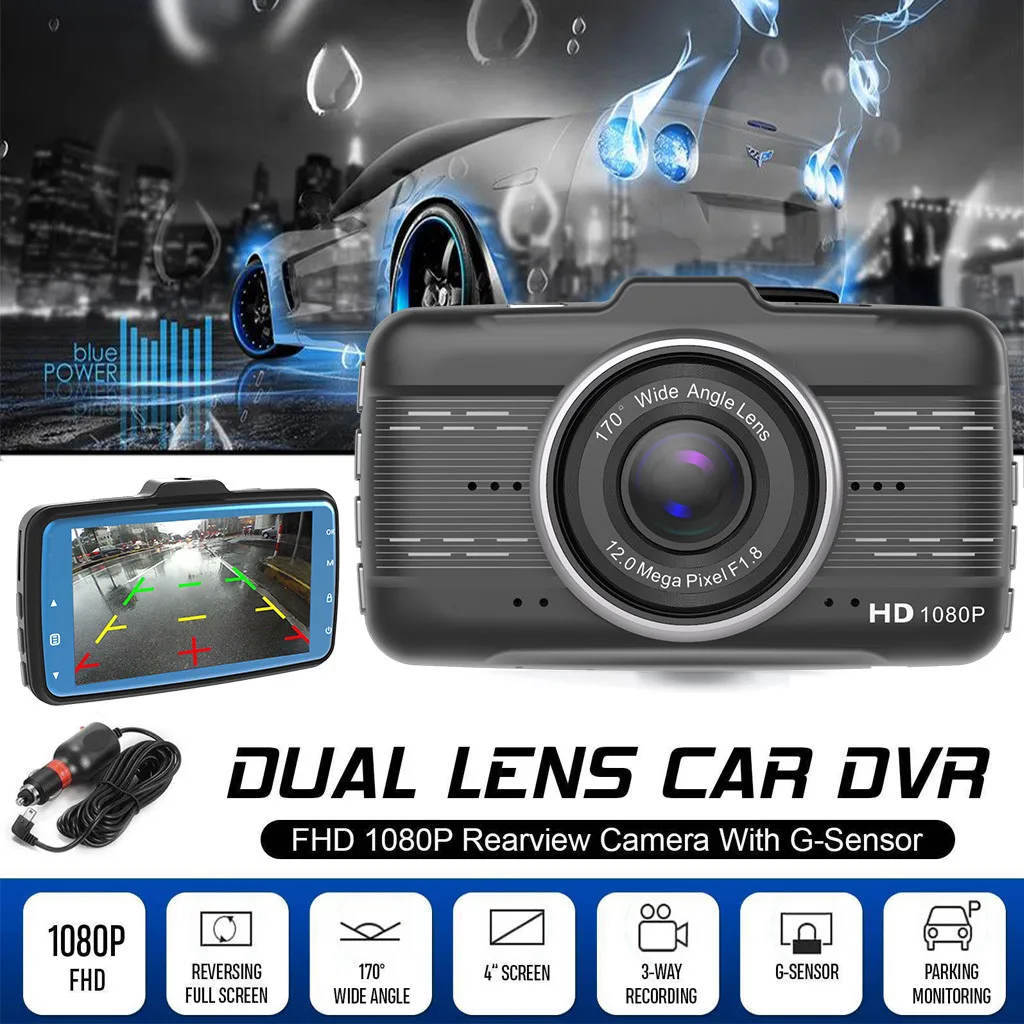 

4’’ LCD IPS Dual Lens Car Dash Cam HD 1080P Dashboard Camera 170° Driving DVR rear camera 720P Russian GPS Car Charger