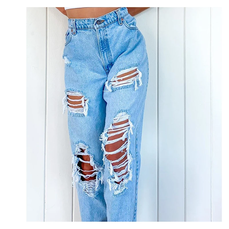 Jeans da donna High Street Jeans Casual a gamba dritta Jeans larghi a vita  alta fori strappati pantaloni da donna sottili in Denim - AliExpress  Women's Clothing