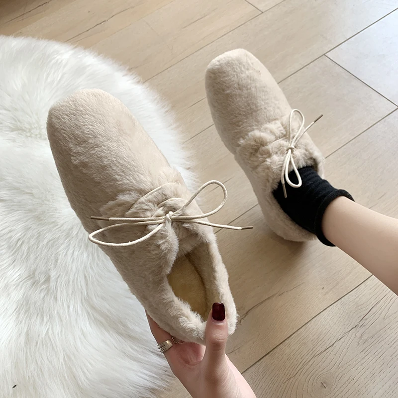 Solid brief furry shoes woman lace-up comfy flats velvet plush warm loafers femme round toe moccasins brand korean lazy footwear