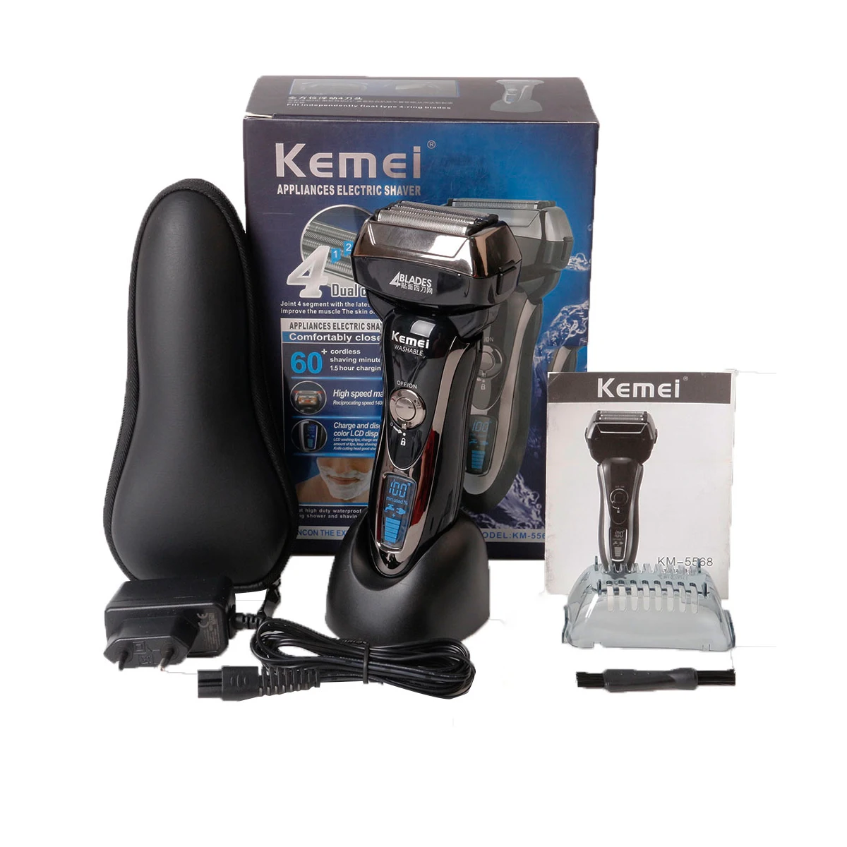 Quick Charge Kemei Shaver Electric Razor Reciprocating 4 Blade Head Shaving Men Washable Rechargeable Men's Razor Trimmer