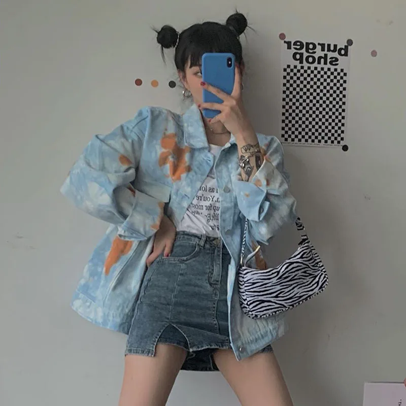

2020 Autumn Harajuku Women Single-Breasted Solid Vintage Loose Streetwear Tie-Dye Denim Jacket Abrigo mujer Casual Bomber jacket