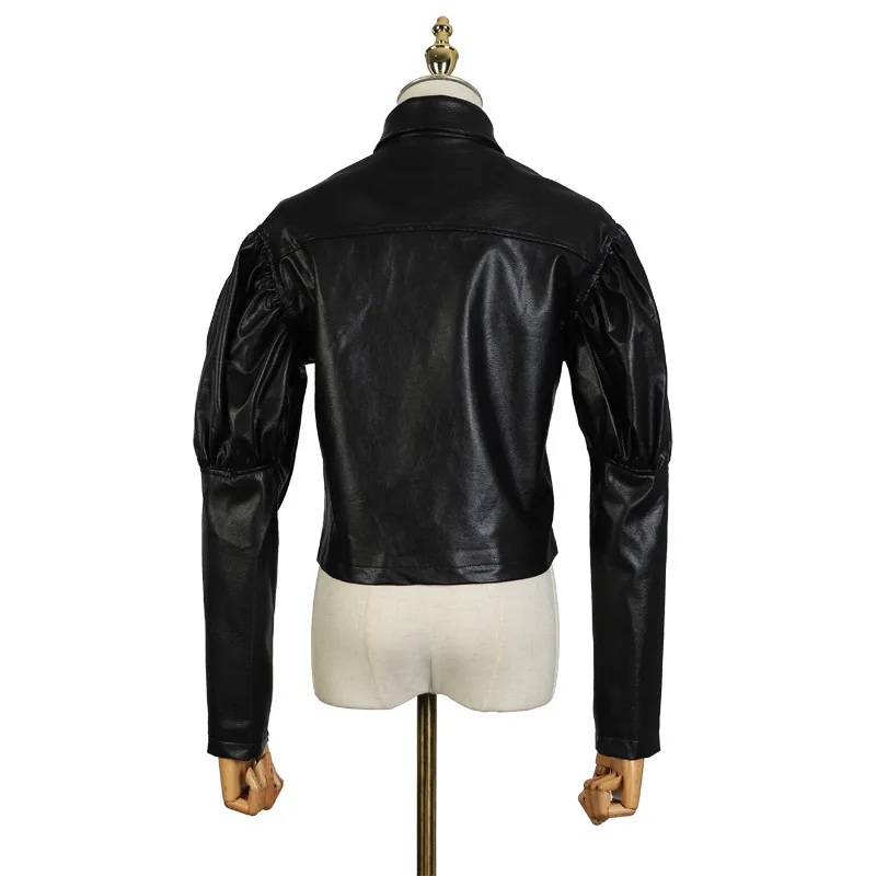 DEAT new turn-down collar lantern sleeves single breasted PU leather short jacket female coat high quality WJ05601M