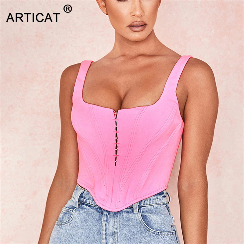 Articat сексуальный глубокий v-образный вырез безрукавка Для женщин с закрытой грудью Твердые жилеты летние топы Мода с низким вырезом на спине бретелями Топ Для женщин футболка с корсетом - Цвет: Розовый