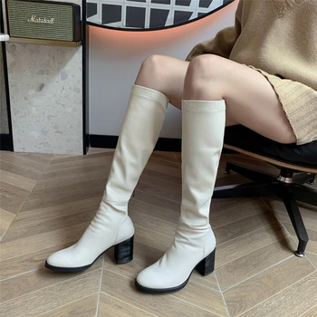 

Plus size 33-43 women's genuine leather thick high heel knee high boots black slim winter long boots warm plush shoes for women