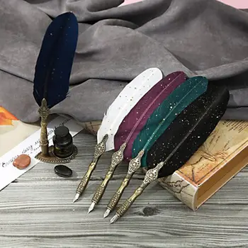 

Sprinkle Gold Luxury Vintage Feather Quill Dip Calligraphy Fountain Pen Writing Ink 5 Nibs Set Stationery Gift Box