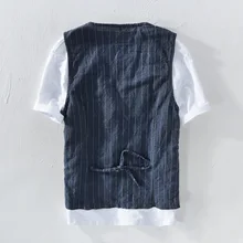 728 японский стиль полосатый льняной жилет пальто Мужская молодежная Тонкая Повседневная Верхняя одежда льняной жилет