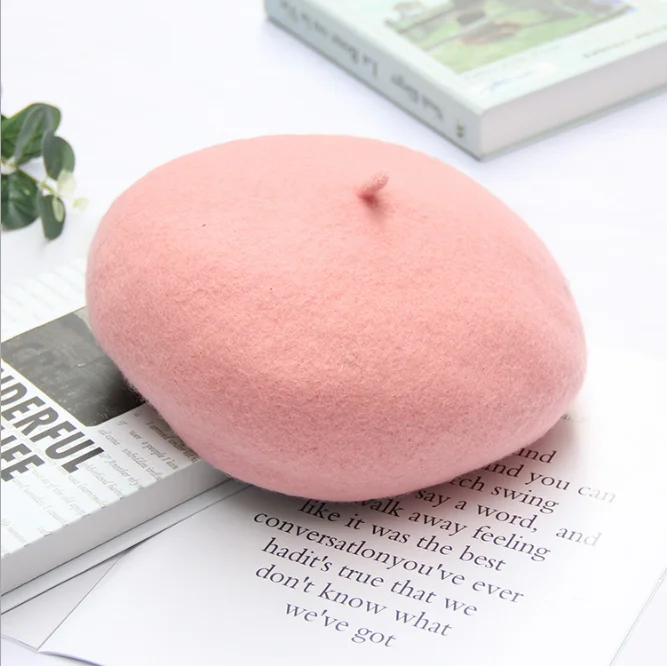 Women wool hat autumn winter thick beret lady autumn winter British painter cap version of the pure color of the bud cap - Цвет: Розовый