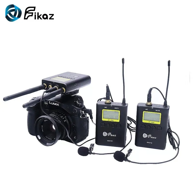 Fikaz UHF 100M беспроводной петличный микрофон 2 передатчика+ 1 двойной приемник для Canon Nikon sony DSLR видеокамеры
