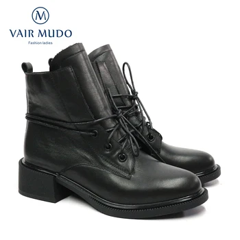 

VAIR MUDO 2020 New Boots Women Shoes Thick Heels Genuine Leather Ankle Boots Lace Up Short plush Autumn Winter New Footwear DX23