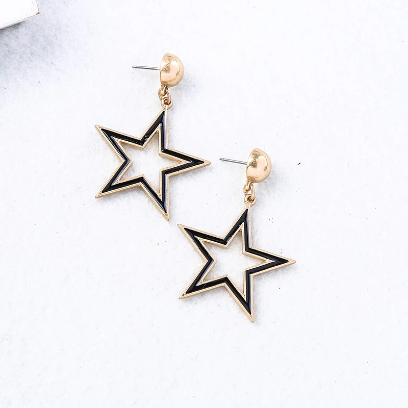 Contracted Design Unique Black White Enamel Star Heart Drop Earrings For Women Gifts Gold Color Fashion Jewelry Wholesale