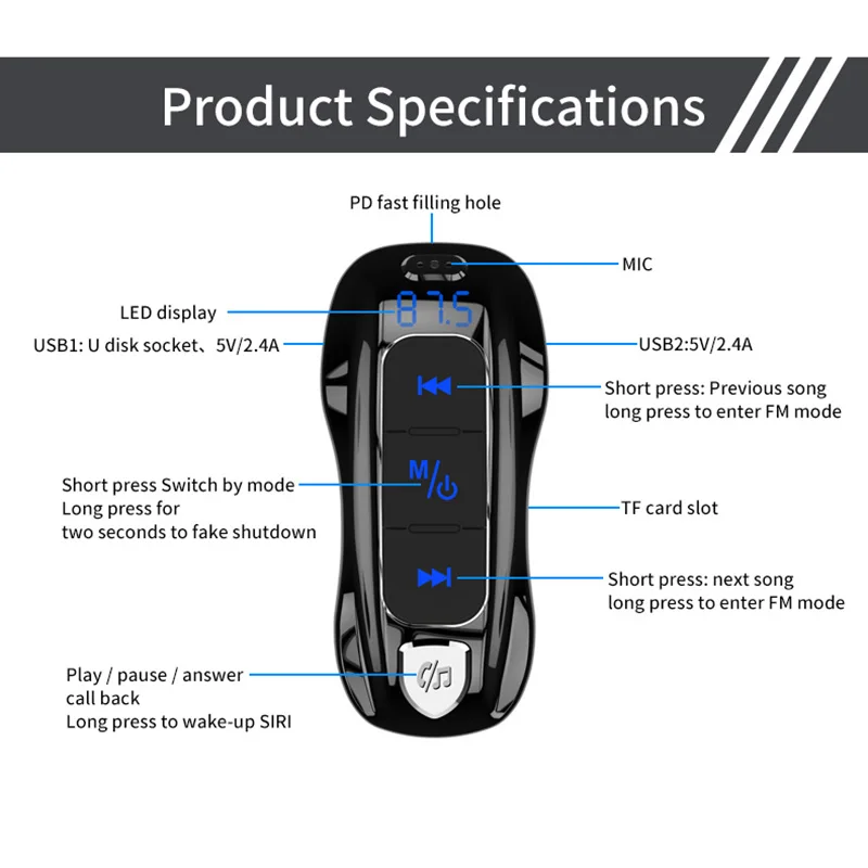 USB Автомобильное зарядное устройство деликатный дизайн BC55 18 Вт Быстрая зарядка USB зарядное устройство BT Hands-Free автомобильный комплект fm-передатчик модулятор