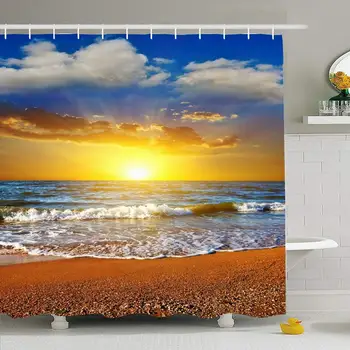 

Shower Curtain Set with Hooks 72x72 Sunshine Scene Coast Dramatic Spray Beauty Summer Sunset On Seascape Sunlight Nature Parks