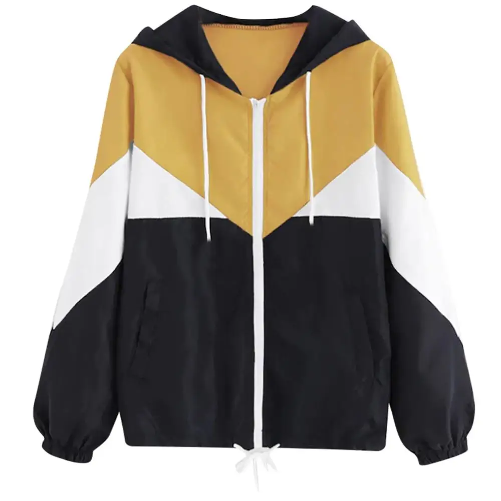 

Women Autumn Long Sleeve Drawstring Thin Outwear Stitching Hooded Coat With Zipper Ladies Sport Running Sweatshirt For 2019
