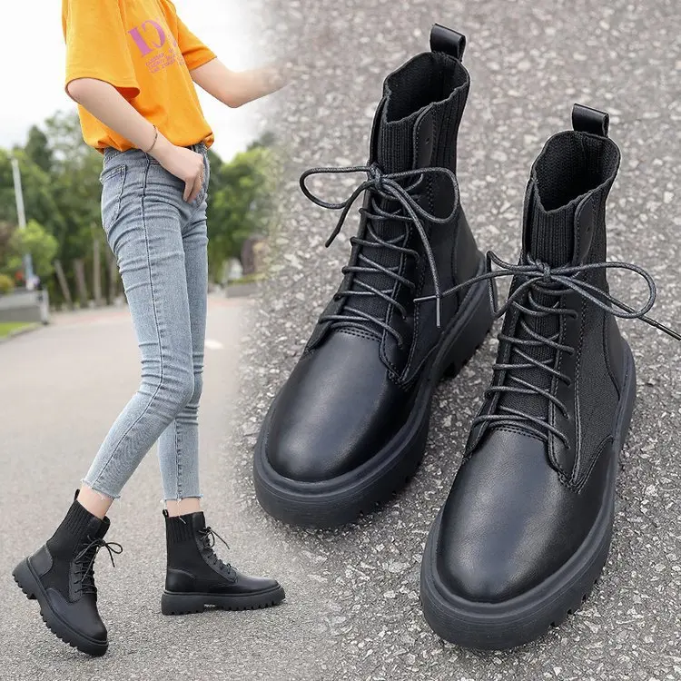 

2019 Martin Korean-style Block Heel Short Lace-up Bandage Cloth Autumn & Winter Boots Front Cross Flat Heel round Flat Women's W