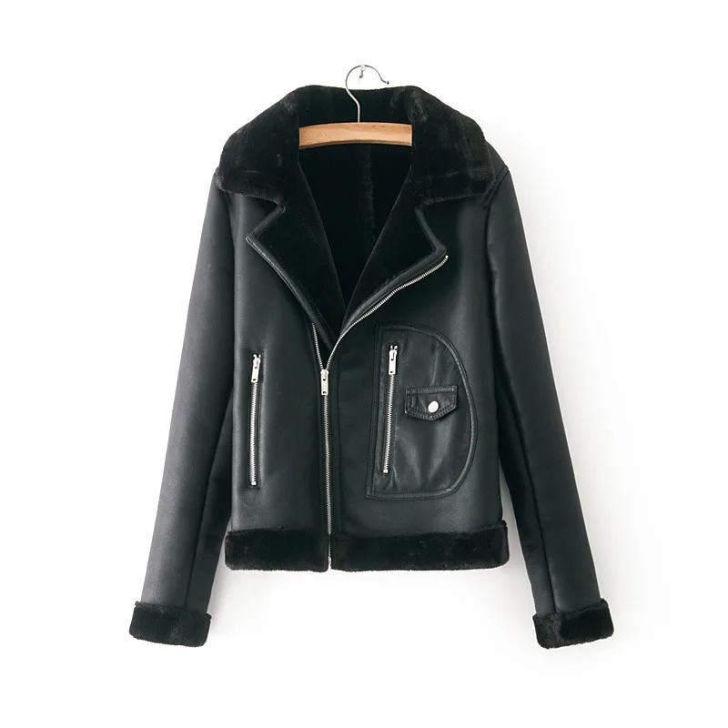 Толстая зимняя теплая куртка из искусственной кожи с меховым воротником, кожаная куртка с флисовой подкладкой, мотоциклетная куртка, женская черная куртка из искусственной кожи - Цвет: Черный