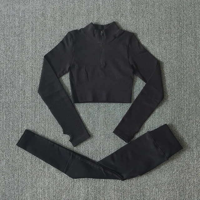 Seamless Women Yoga Set Workout Sportswear Gym Clothing Zipper Long Sleeve High Waist Leggings Fitness Bra Athletic Sports Suits LongShirtsPantsBlack