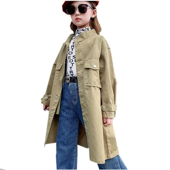 

Teenage Trench Coats For Girls Windbreaker Autumn X-Long Green Khaki Coats Autumn Children Clothing School Outerwear 8 10 12 14Y