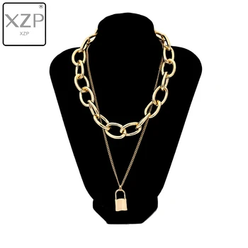 

XZP Double layer Lock Chain necklace punk 90s link chain silver color padlock pendant necklace women fashion gothic jewelry