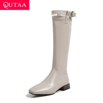 

QUTAA 2021 Mid Calf Women Boots Square Heel Buckle Slip On Women Shoes PU Leather Square Toe All Match Long Shoes Big Size 34-43