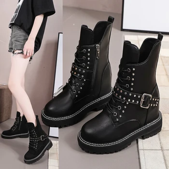 

Autumn Height Increasing Buckle Rivet Boots Black British Punk Style Boots Women Leather Winter Lady 8cm Ankle Equestrian Boots