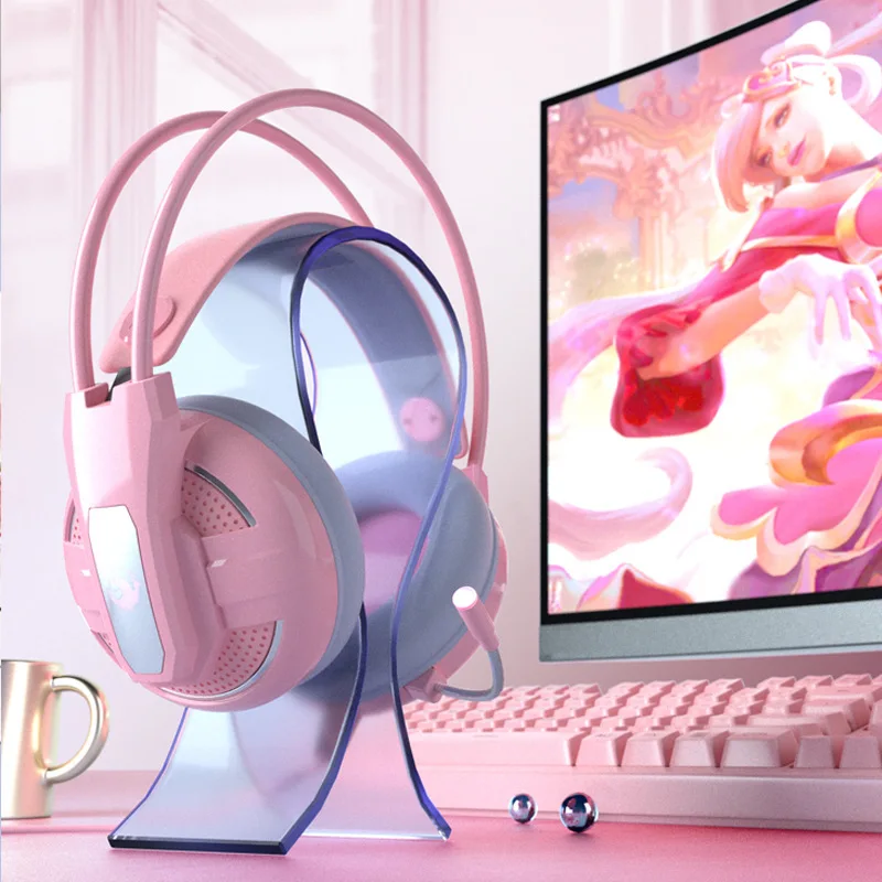 Free shipping Pink headphones girl lovely ps4 mobile computer Notebook gaming headset Intelligent noise reduction With wheat