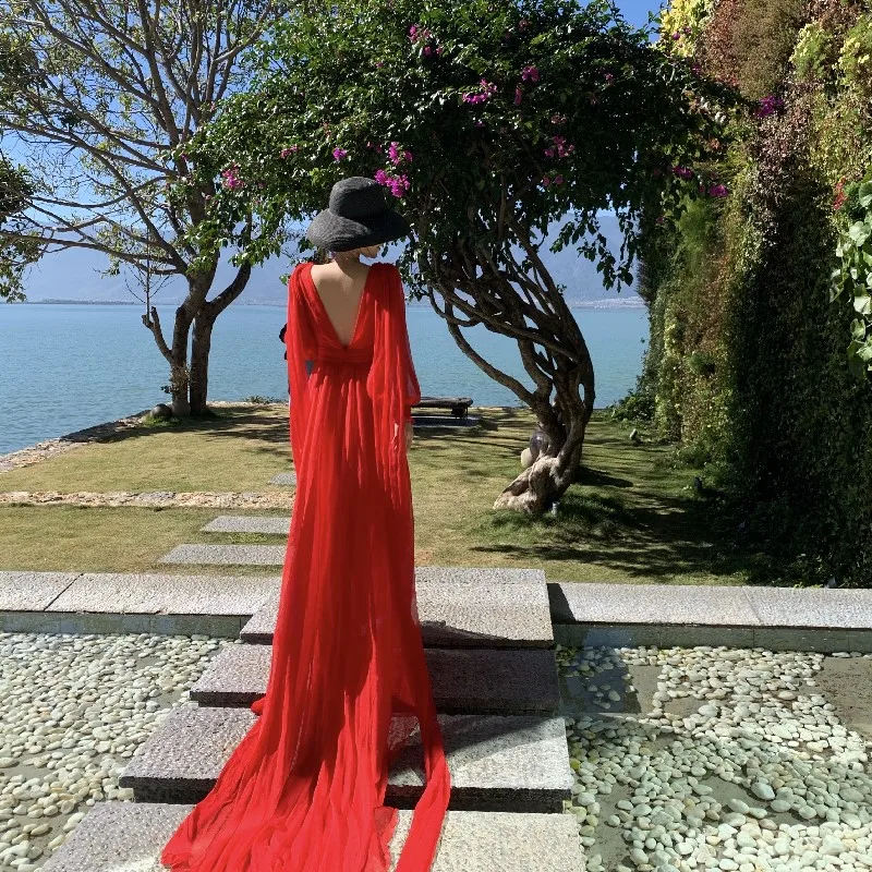 YOSIMI Floor Length Long Dress for Women, Red Chiffon Dress
